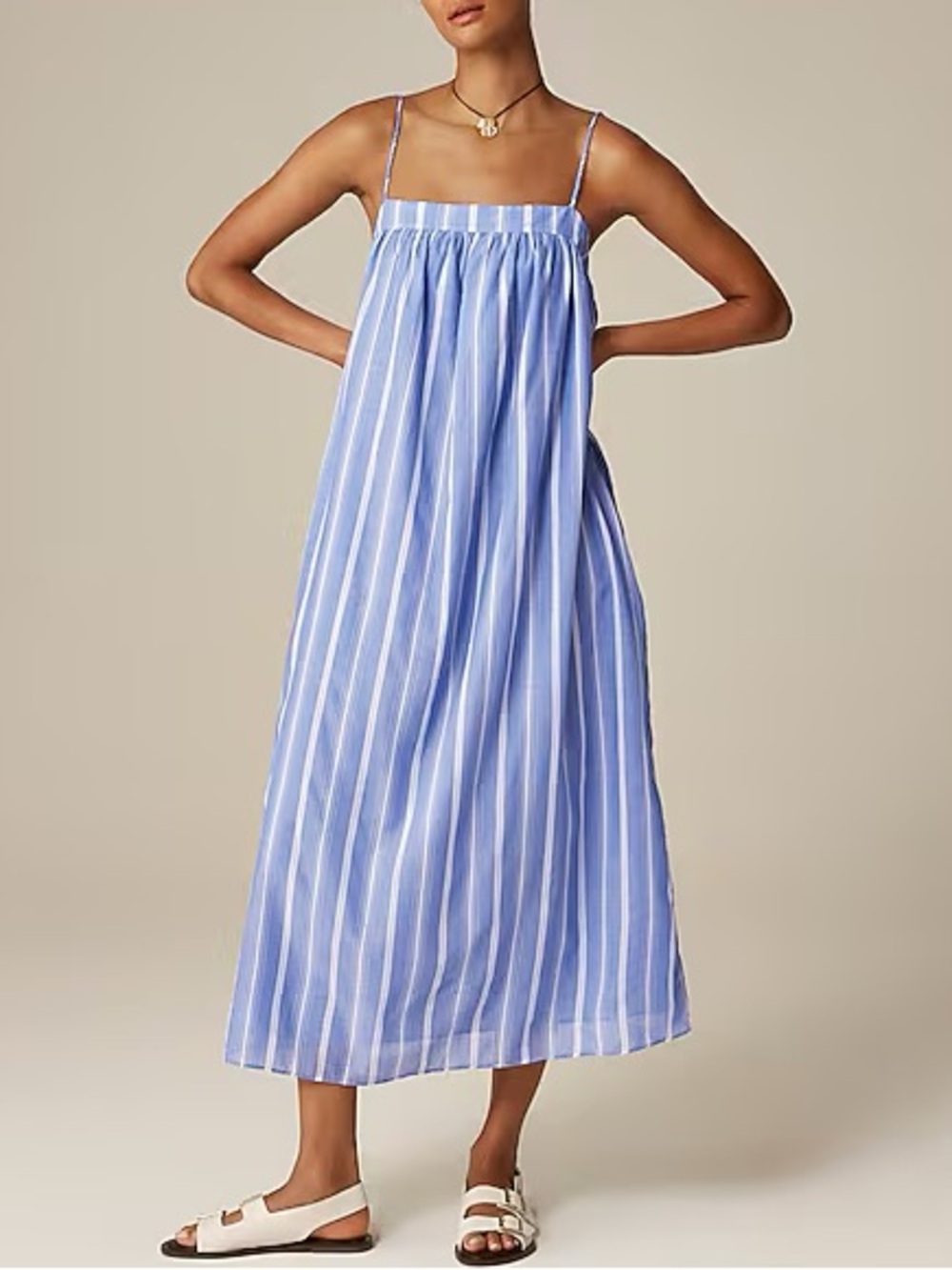 J Crew Floaty Midi Dress Striped Cotton Blue Nautical Square Neck Strappy L